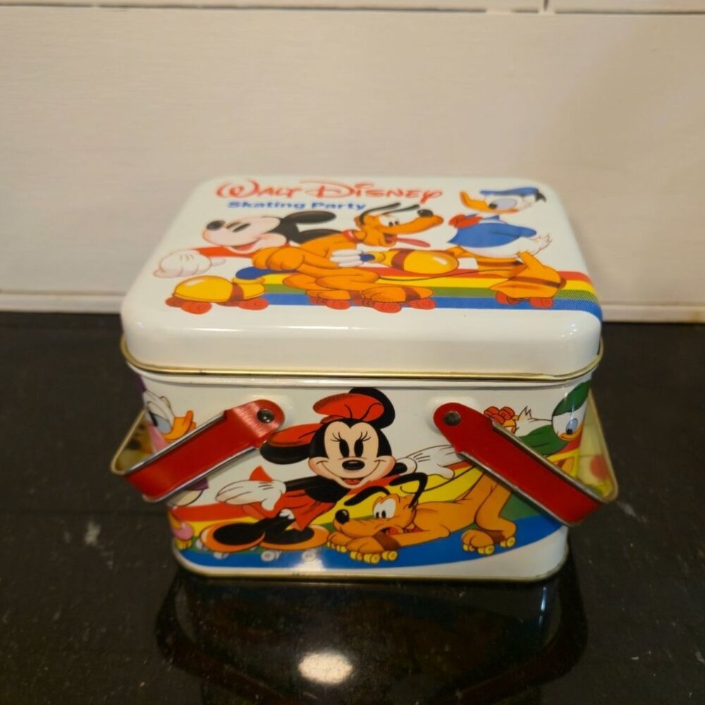 Walt Disney "Skating Party" Lunch Tin Box Double Handle - RARE Vintage - Collect